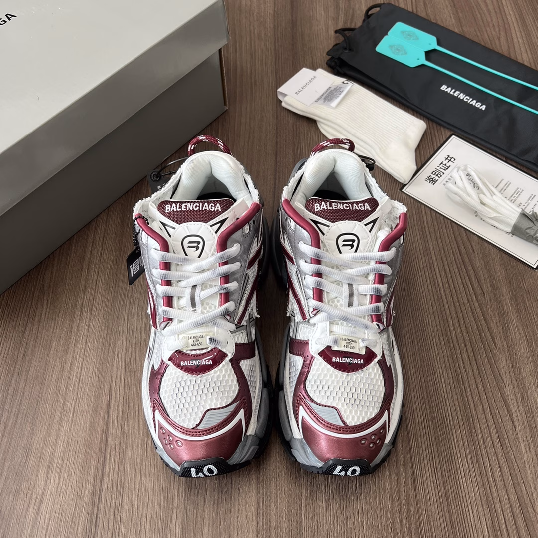 Balenciaga-Runner showcases designer Demna's sneaker style through details such as overflow glue, aging, and stitching. It uses a pair of 