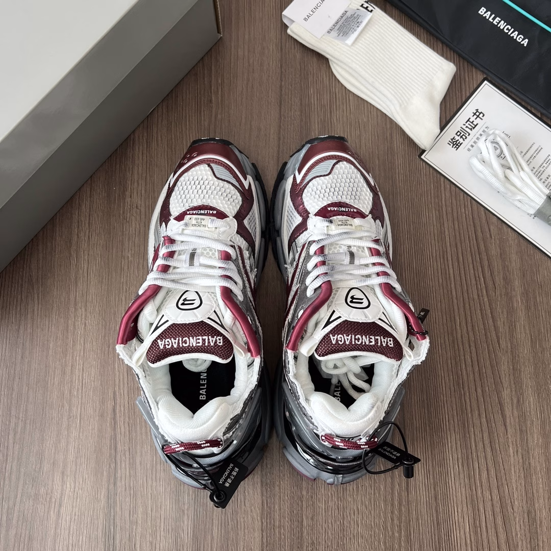 Balenciaga-Runner showcases designer Demna's sneaker style through details such as overflow glue, aging, and stitching. It uses a pair of 