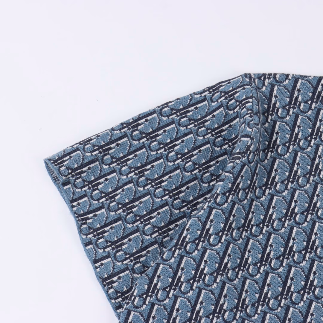 Dior CD blue full jacquard short-sleeved T-shirtOriginal purchase, custom-dyed 32-count double-thread blended colored cotton, using imported (Stoll) 14 knitting machine, wool jacquard, wool fermentation washed, customized 1:1 trademark, loose version