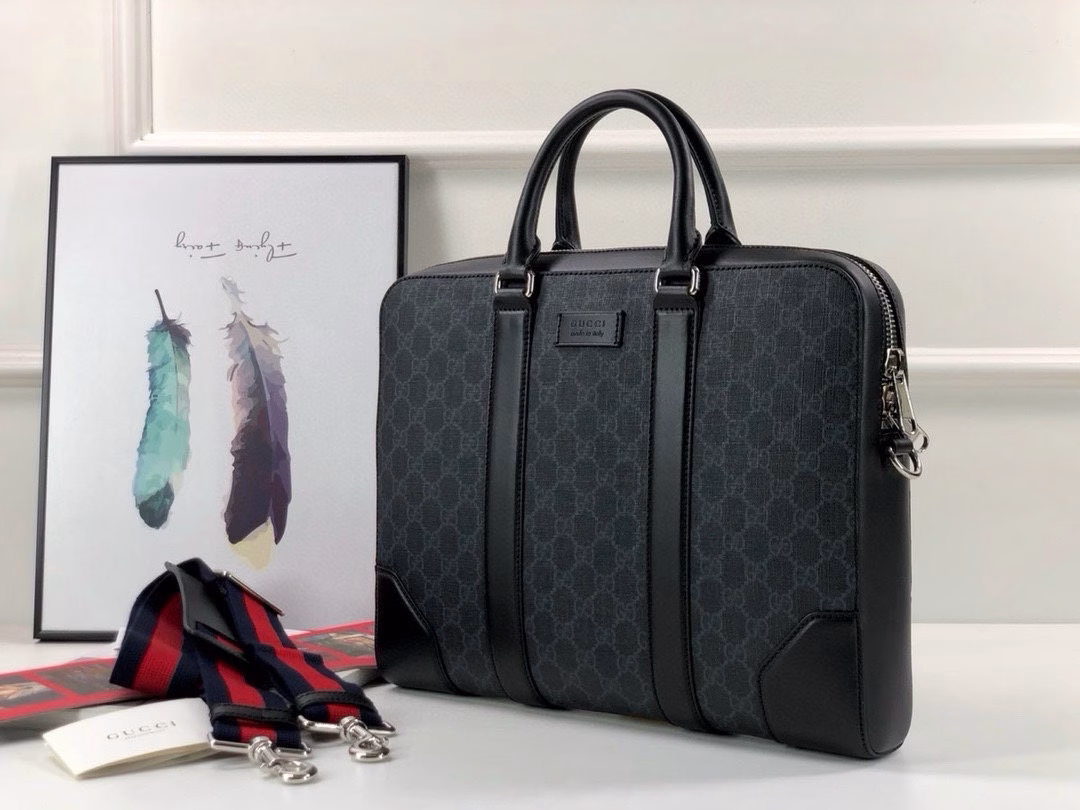 Gucci Supreme Briefcase, GG in black leather with blue/red webbing shoulder strap