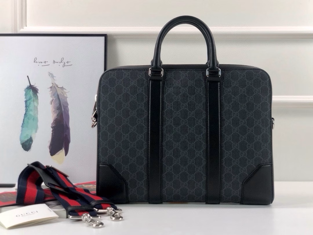 Gucci Supreme Briefcase, GG in black leather with blue/red webbing shoulder strap
