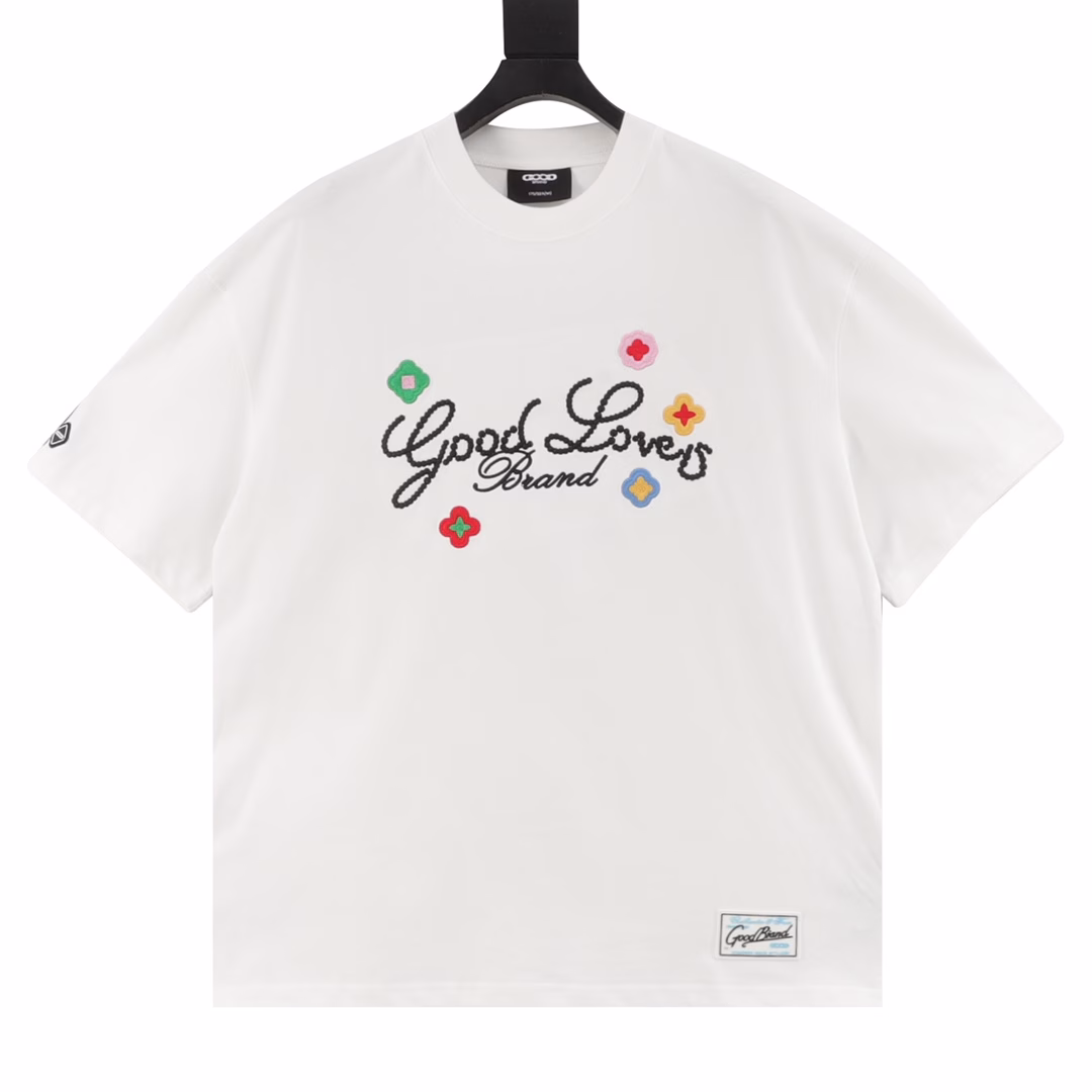 GOODBRAND 3D flower embroidered slogan light luxury fashion high-end short-sleeved T-shirtSame style for men and women 350g fabric