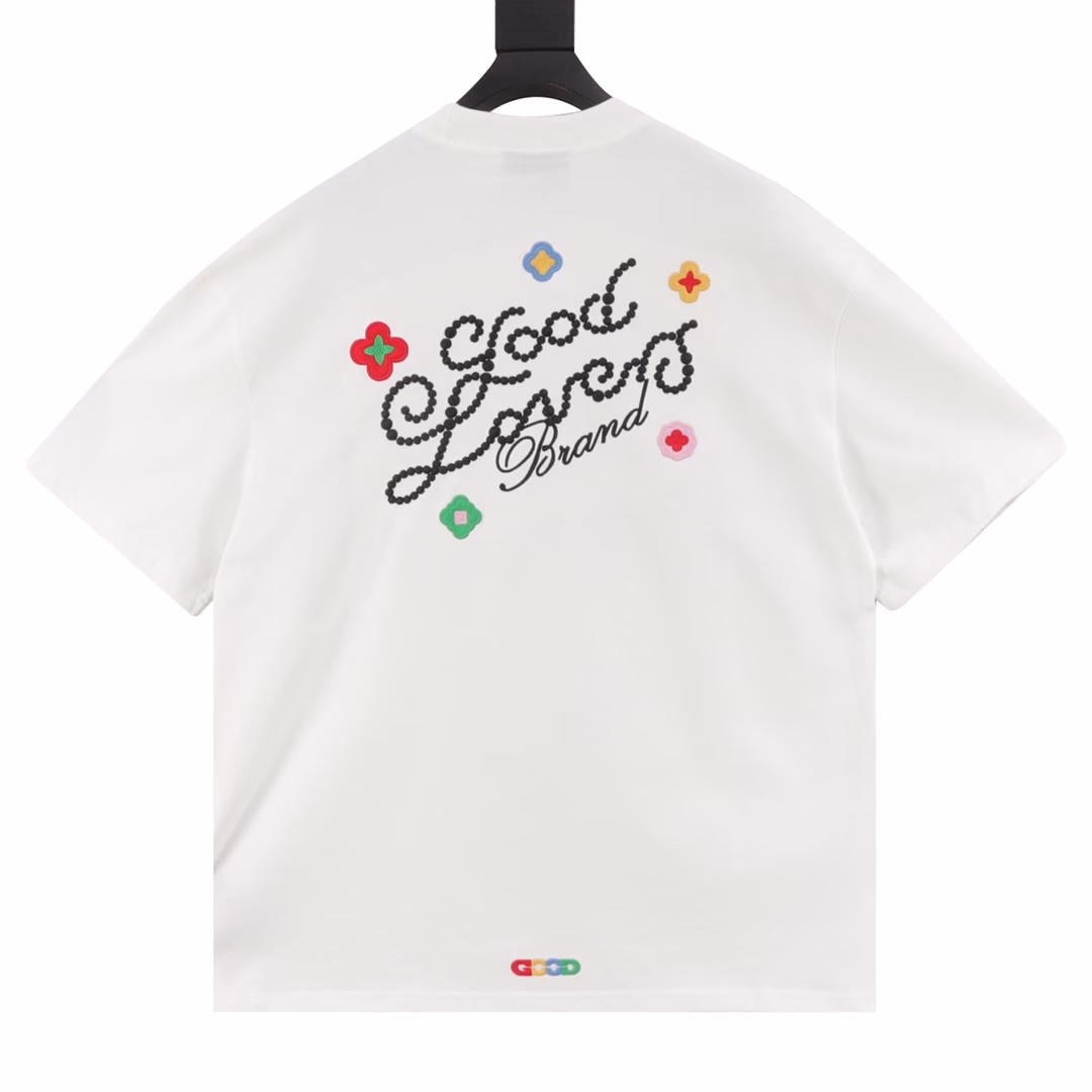 GOODBRAND 3D flower embroidered slogan light luxury fashion high-end short-sleeved T-shirtSame style for men and women 350g fabric