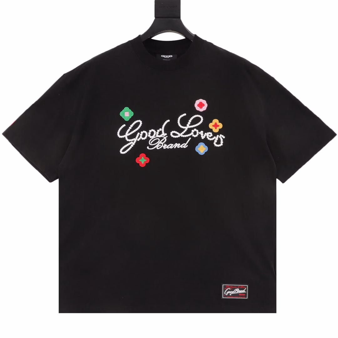 GOODBRAND 3D flower embroidered slogan light luxury fashion high-end short-sleeved T-shirtSame style for men and women 350g fabric