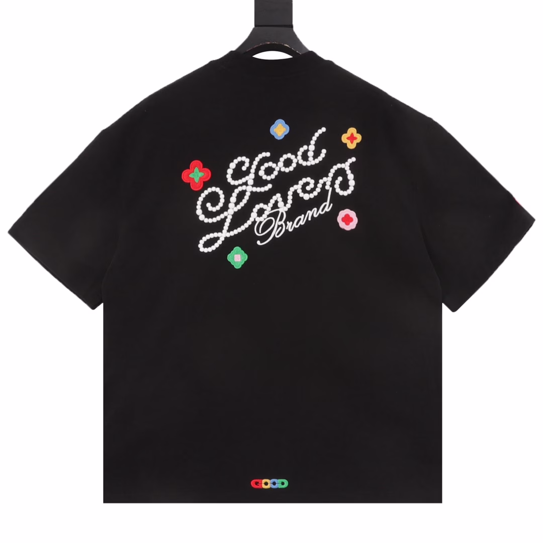 GOODBRAND 3D flower embroidered slogan light luxury fashion high-end short-sleeved T-shirtSame style for men and women 350g fabric