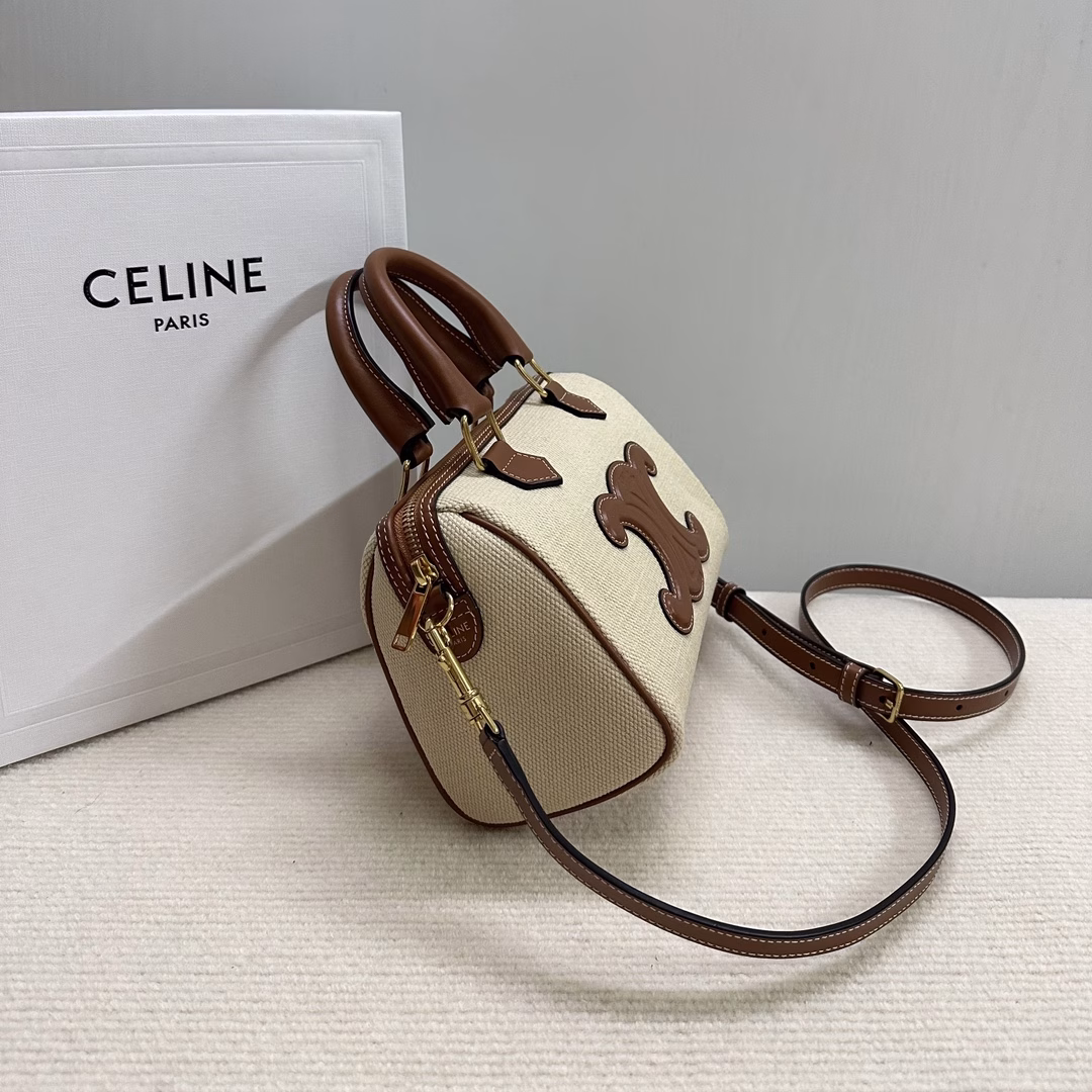 CELINE Small Logo Woven Cowhide Boston Bag with TRIOMPHE CANVAS logo print, small size, just the right size for both tall and short people~ Cowhide edging, fabric lining, zipper closure, 1 main compartment, inner zipper pocket