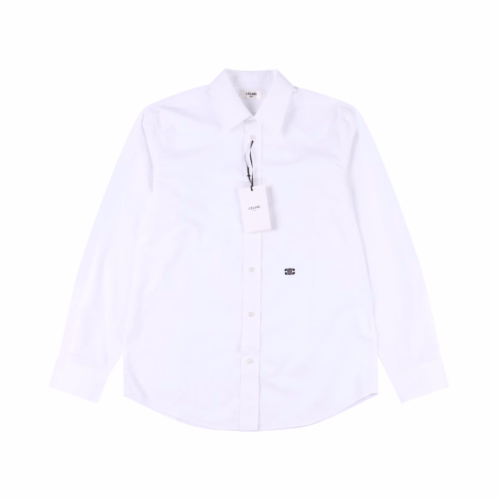 Celine CE long-sleeved shirt with Arc de Triomphe logo embroidery on the hemThe fabric is made of high-count cotton yarn with high warp density and low weft density. The single-color flat embroidery on the front piece is controlled by the high-precision calculation system of the computer embroidery machine to coordinate the machine head, needle bar, and bobbin. The fabric frame moves accurately in the horizontal and vertical directions to form the stitch track, adjust the tension of the upper and lower threads, ensure that the stitches are flat and without floating threads, and form a fine pattern with an error of ±0.1mm. The ironer turns the collar up, irons it from the bottom to the top with high-temperature wet steam, applies pressure to smooth the wrinkles, and then turns it over to the front and repeats the operation. Turn to the neckline to iron out the arc, and press the back collar to the bottom to keep it straight. The shoulder and sleeve part uses the hanging method to avoid pressing the edge. After adjusting the fiber density through the ironer's 