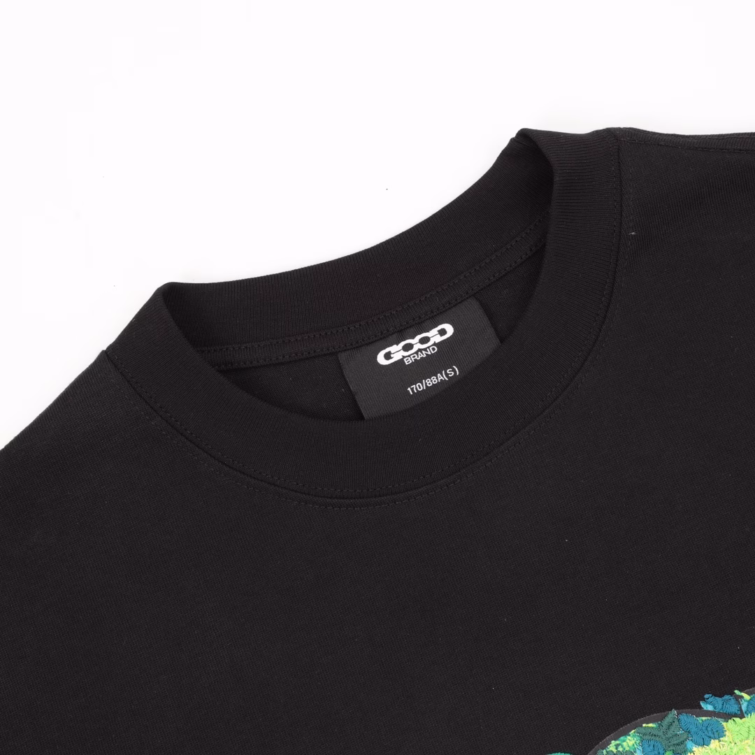 GOODBRAND SS25 3D green plant embroidered map LOGO loose short-sleeved T-shirtUnisex 350g fabric