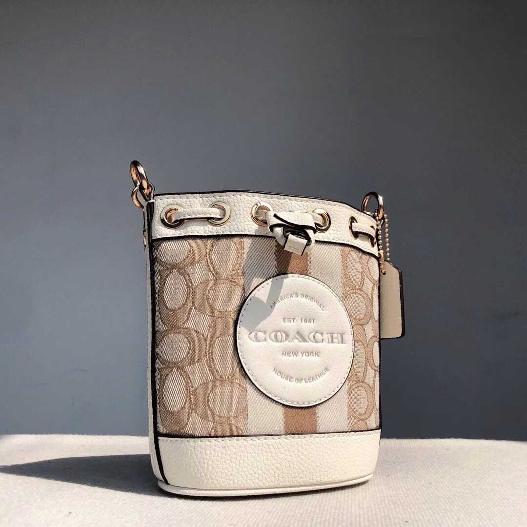 Coach's latest mini macaron-colored bucket has a beautiful color. It's very small and can hold small essential items. This size is suitable for spring and summer wear. It's cute and playful when worn on the back. It's super cute. The shoulder straps can be removed and you can wear it as you like.