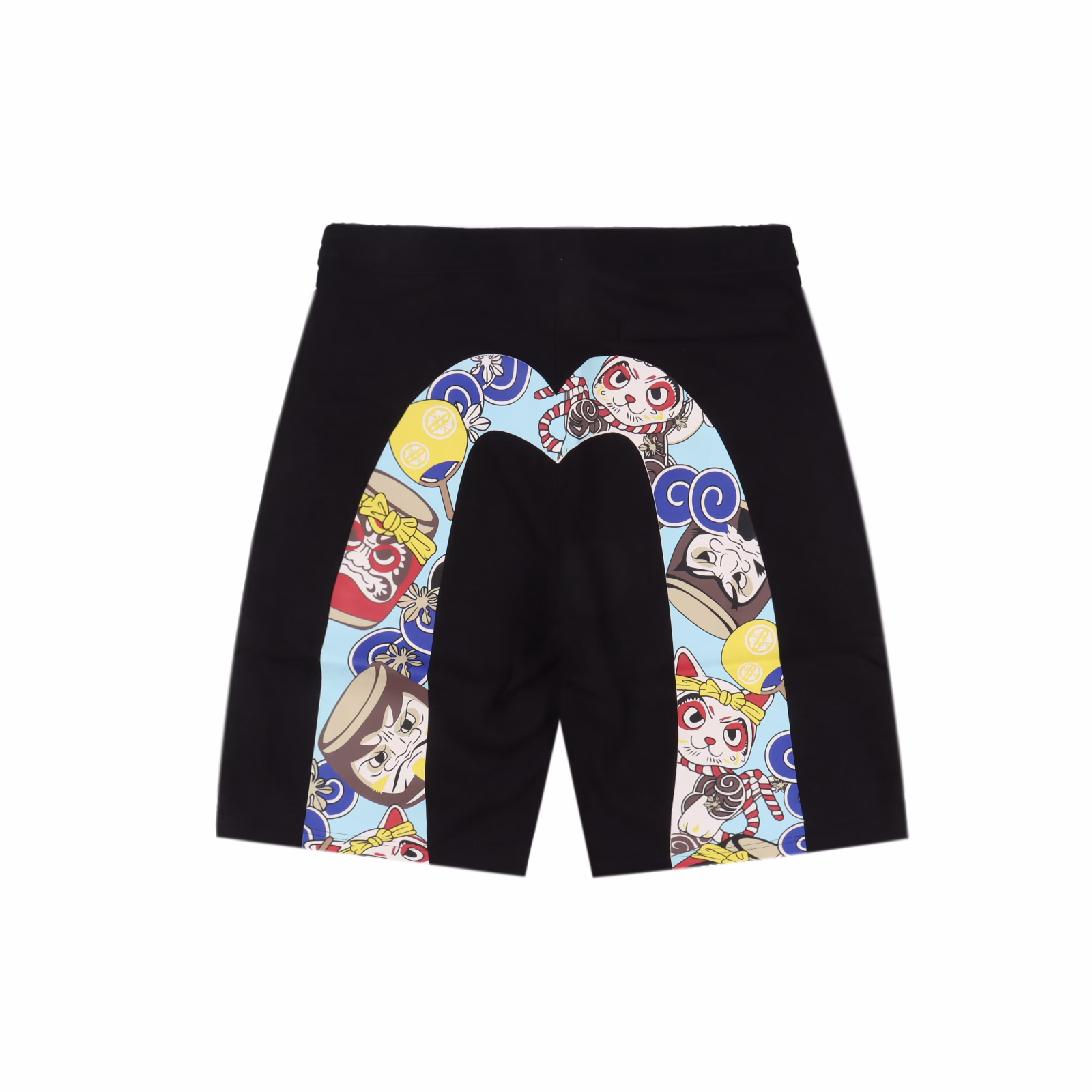 EVISU Billion Fishing Prayer Print ShortsThe large M print on the back of the shorts is based on the Japanese fishing prayer festival, and incorporates various Japanese origin objects, fortune-bringing balls, flags and other prints, making the overall playfulness more interesting. Pair it with a top to create your own trendy style.Elastic drawstring waistband makes it easier to put on and take off