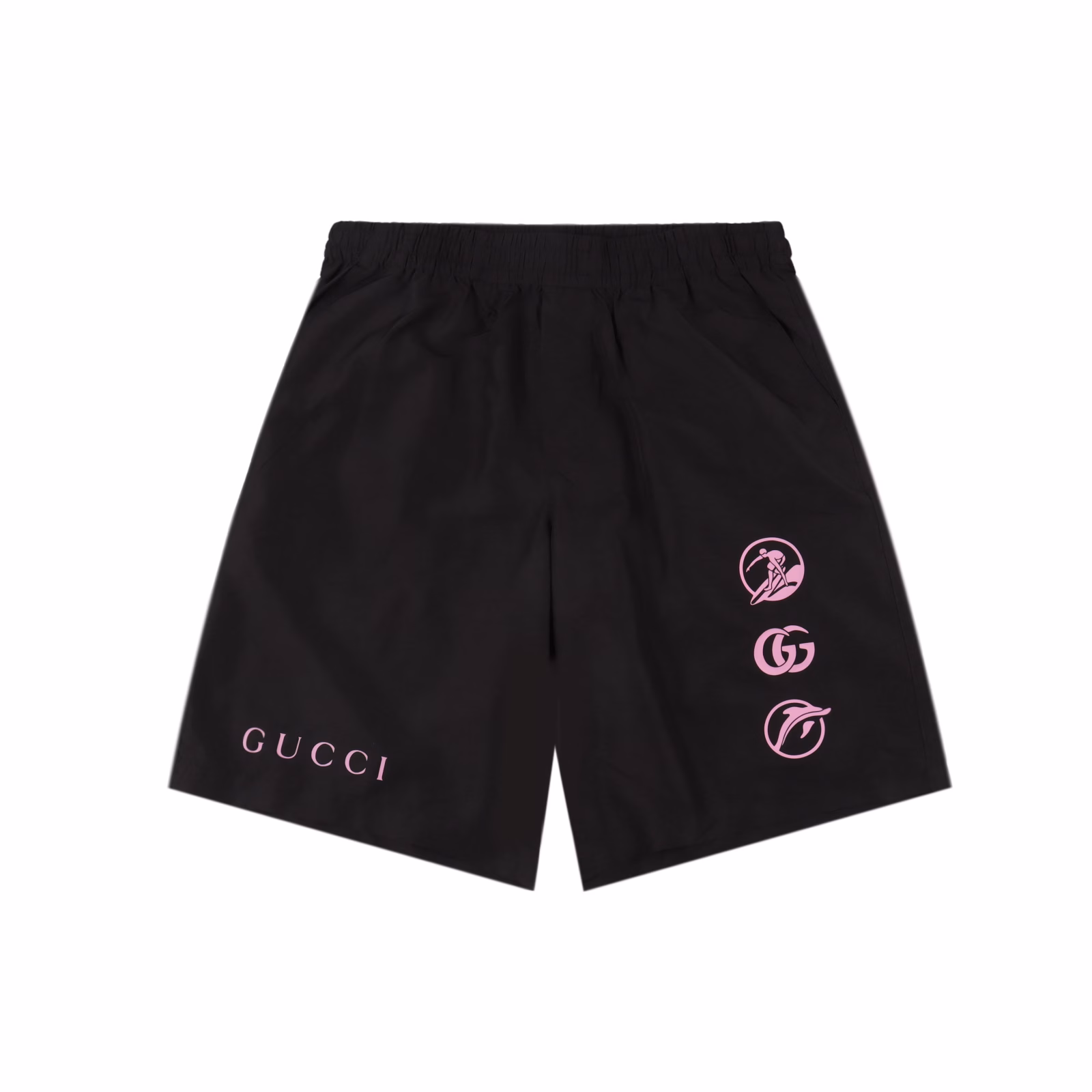 Gucci 25ss ski logo contrast shortsCustomized lyocell fabric, 3D three-dimensional cutting, using imported machine positioning glossy heat transfer to engrave on the pants through heat transfer. After high temperature ironing, the pattern does not deform and lasts for a long time.