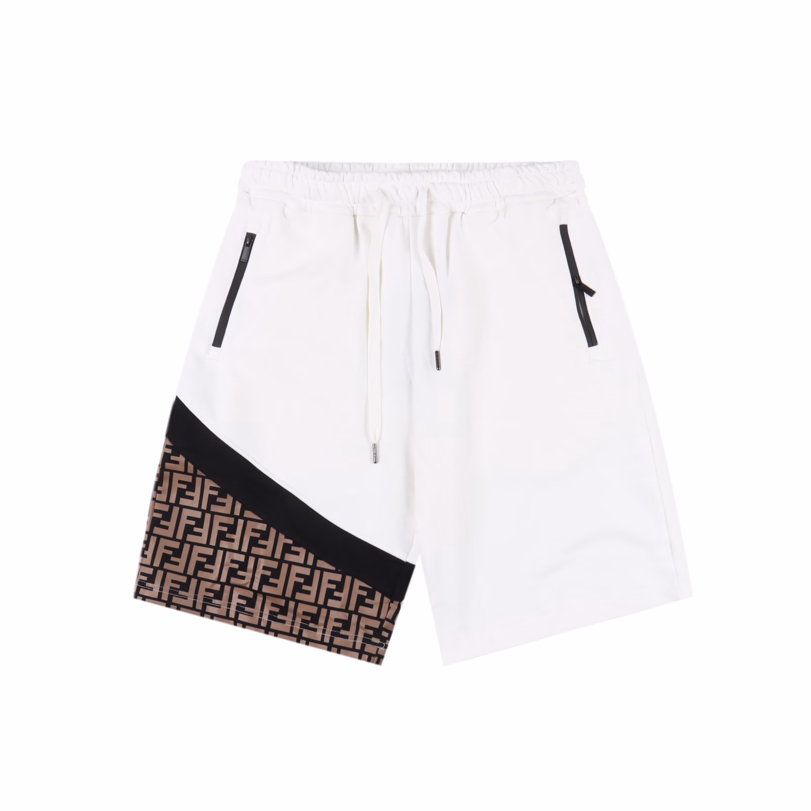 Fendi Double F hem full print patchwork shortsFashionable tailoring design with personality, simple but not simplistic, neat and tight lining, soft and delicate touch, comfortable and breathable, contrasting stitching, eye-catching and fashionable, classic metal Milano base triangle logo, the best choice, better with the same style polo. Color: black, white