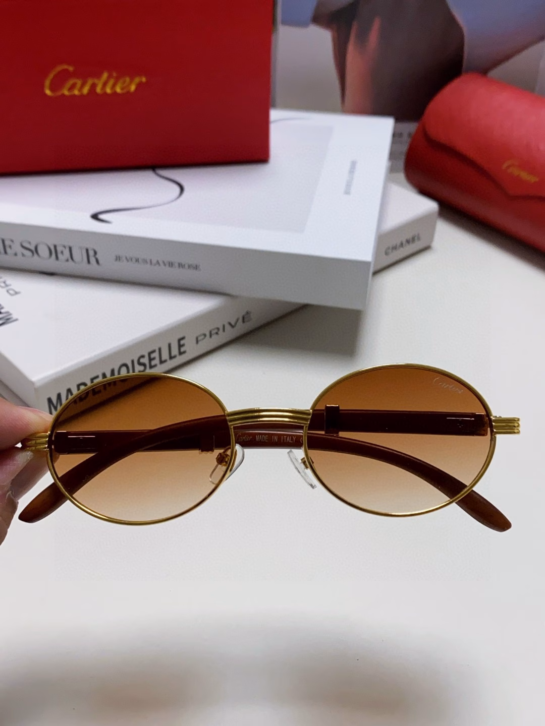 Cartier 2025 new retro imitation wood grain sunglasses round frame sunglasses trendy fashion anti-UV sunglasses CT0464S unisex