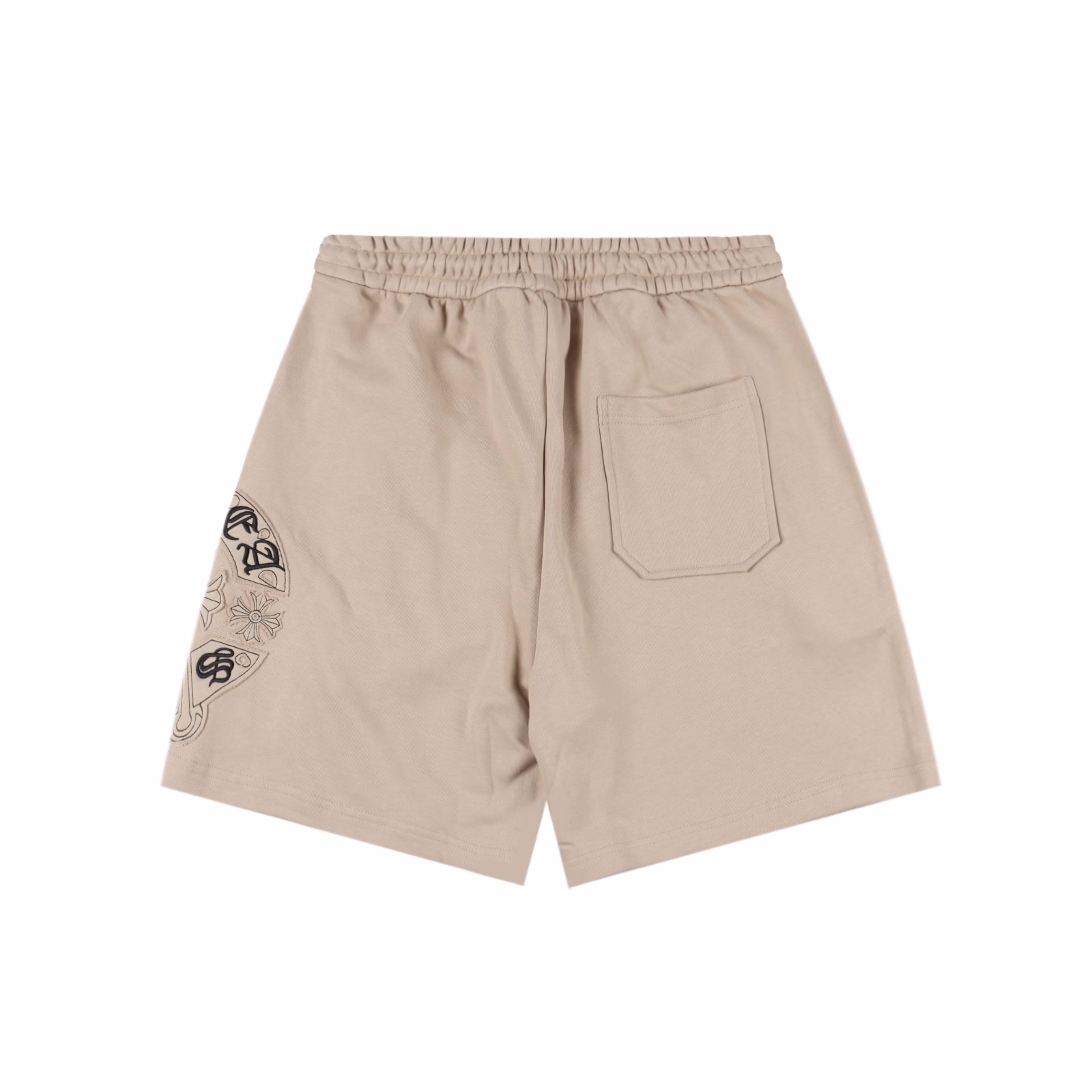 Chrome Hearts 24ss Applique Cross Sanskrit Scroll Embroidery ShortsThe fabric is made of 380g terry pure cotton, with moderate thickness, full drape, close-fitting and soft. The embroidery is done with imported embroidery machines. The embroidery is very difficult. The cross applique embroidery is laser cut and then placed on the embroidery machine for hemming and fixing. First, the whole fabric is placed under the UV engraving machine to carve out the flower pattern, and then the irregular places on it are trimmed with scissors to make it round and smooth. In this process, everything is purely handmade. The embroidery is done on the patch. Such a full embroidery requires tens of thousands of stitches, so it feels very comfortable. A full set of accessories with three standards is customized