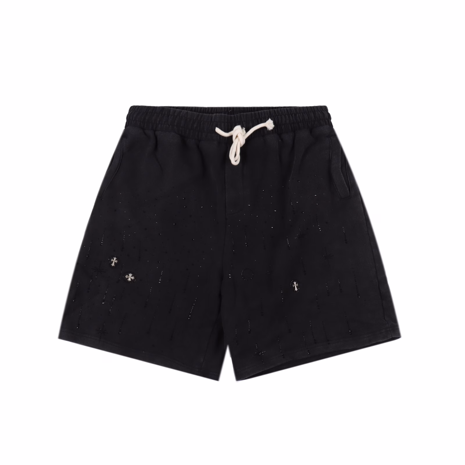Chrome Hearts 25ss White Cross Meteor Hot Diamond ShortsInspired by the retro style of the 1980s, made of custom fabrics, the same style as the official style, the fabrics are processed by the same vat dyeing process, and feel comfortable and soft. They are both fashionable and personalized. They are very suitable for both men and women. Whether they are paired with casual wear or formal occasions, they are super versatile and good-looking. A must-have for everyone, with hangtags, collar labels, and washed wheat, three labels are complete