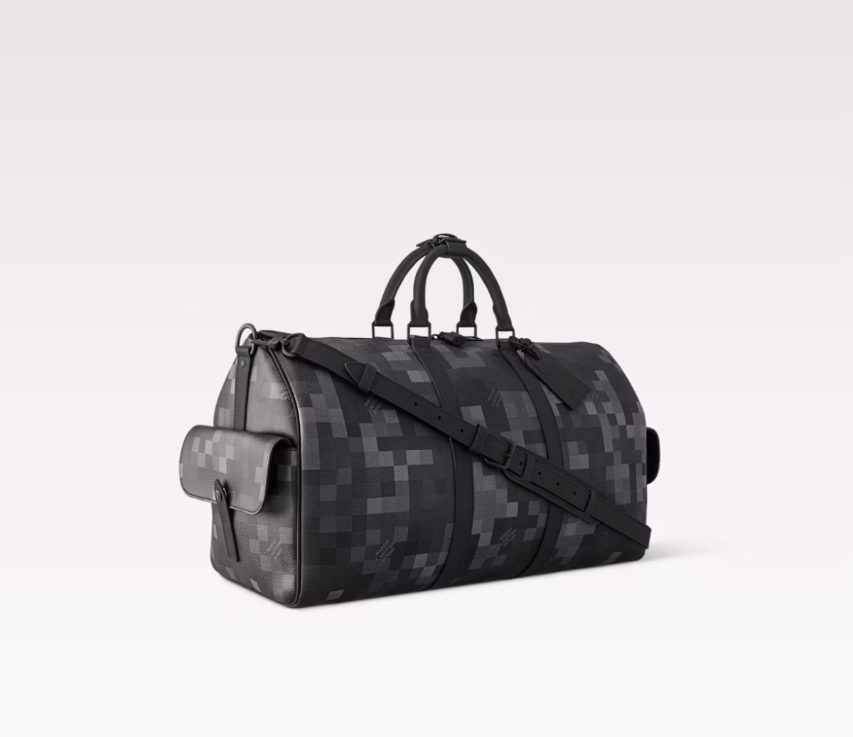 Made from Damoflage Black coated canvas, it features a pixelated Damier check pattern created by Pharrell Williams. The deep hue creates a modern look, while the top handle and removable, adjustable shoulder strap allow for versatile carrying.
