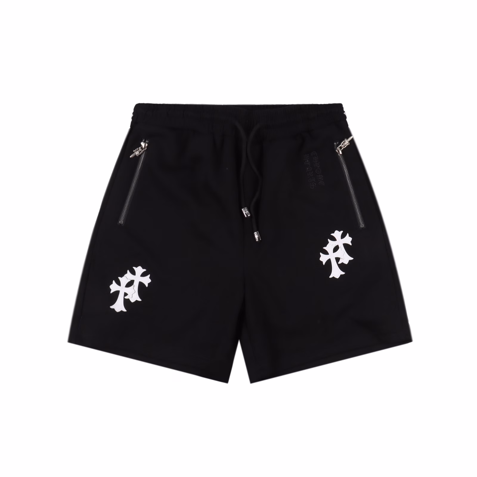 Chrome Hearts embroidered white label Sanskrit shortsHand-cranking CUSTOM leather label ➕ Sanskrit embroidery pocket zipper designThe design of the elastic waist and drawstring waistband ensures a comfortable fit. The custom-made fabric has a loose fit