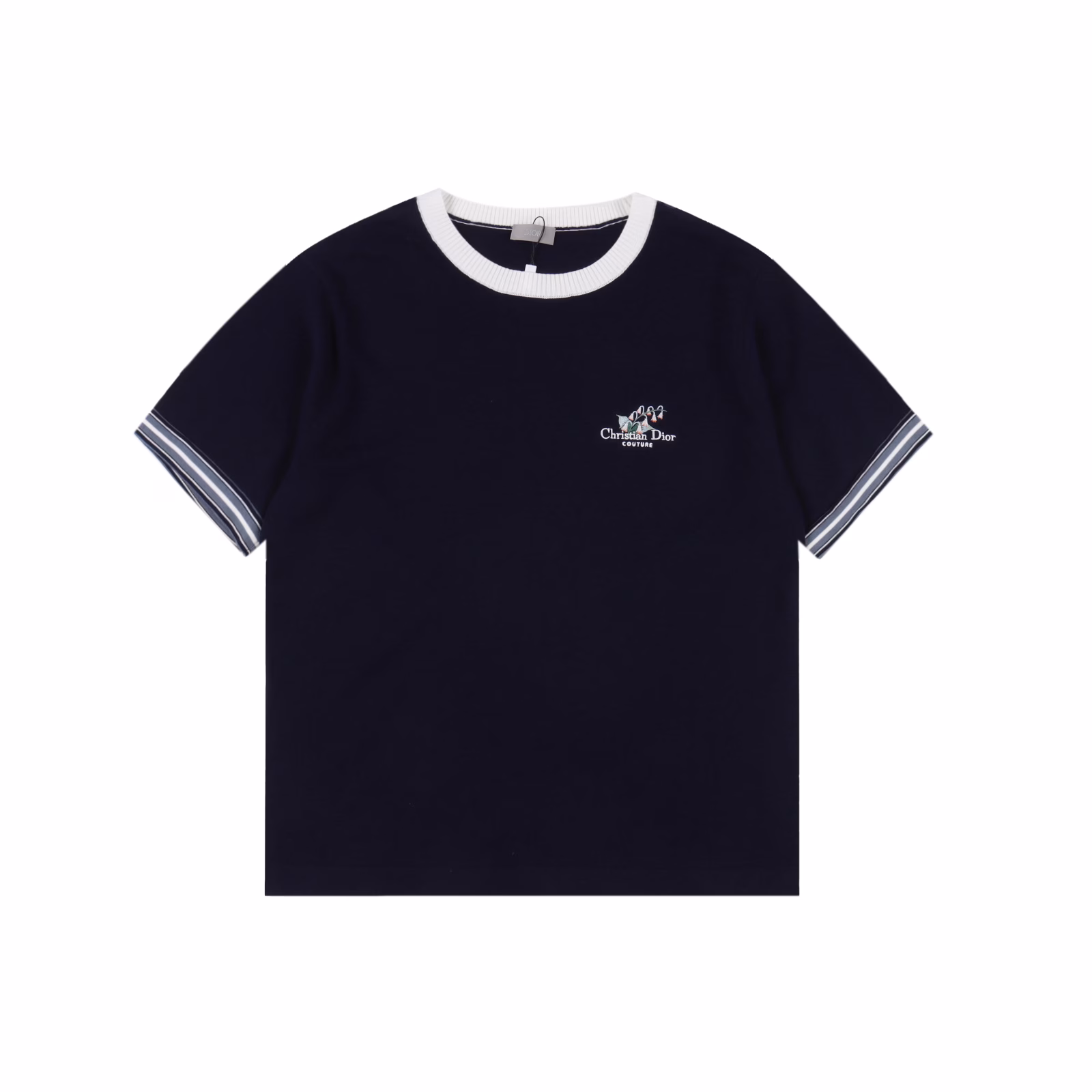 Dior CD lily of the Valley embroidered contrasting color short-sleeved T-shirtGenuine purchase, 40 count double-strand combed cotton yarn, using imported Santonll 14-needle loom, imported embroidery, wool yeast washing, custom accessories, well-fitting pattern