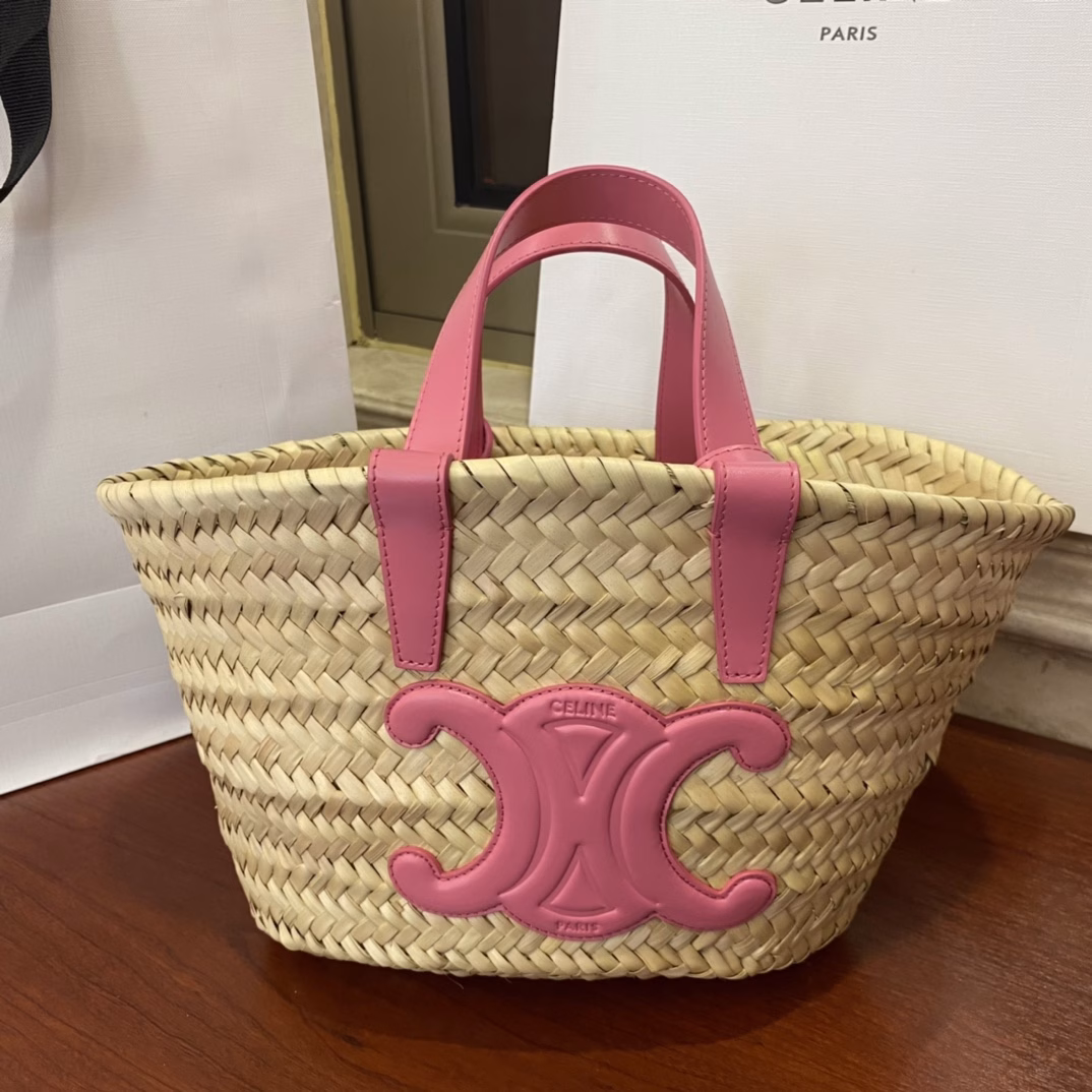 TEEN TRIOMPHE CLASSIC palm leaf cowhide basket bag made of straw for spring and summerANISPalm leaves, with cowhide edgesCowhide shoulder or hand