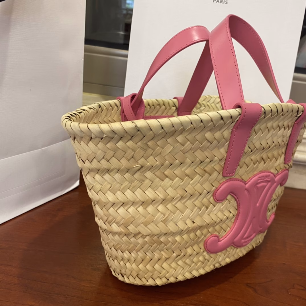 TEEN TRIOMPHE CLASSIC palm leaf cowhide basket bag made of straw for spring and summerANISPalm leaves, with cowhide edgesCowhide shoulder or hand