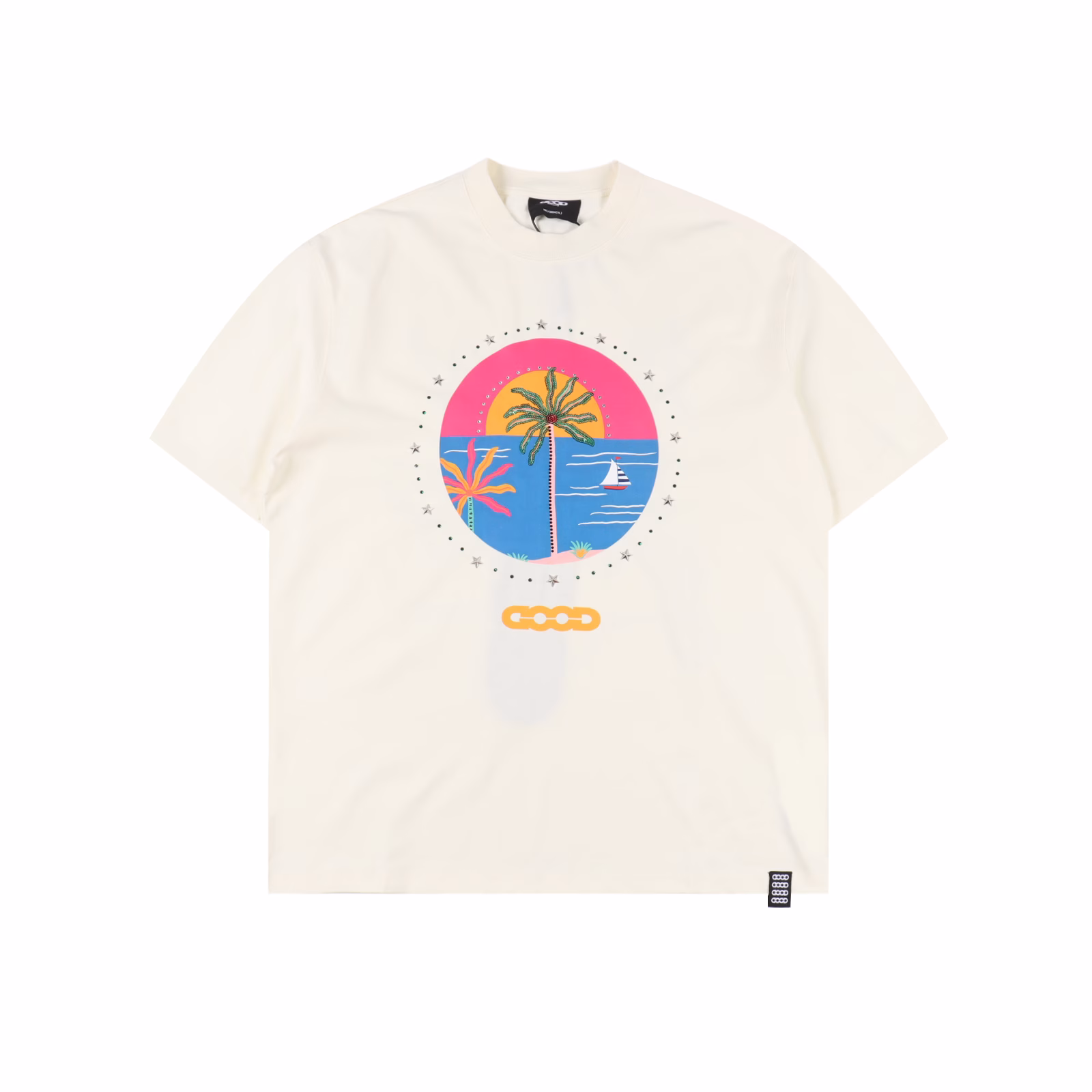 GOODBRAND SS25 short-sleeved T-shirt with coconut tree hot diamond print LOGO350-gram fabric for both men and women