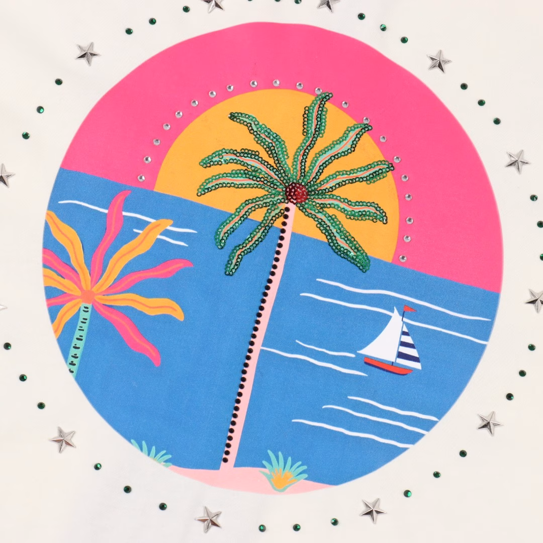 GOODBRAND SS25 short-sleeved T-shirt with coconut tree hot diamond print LOGO350-gram fabric for both men and women