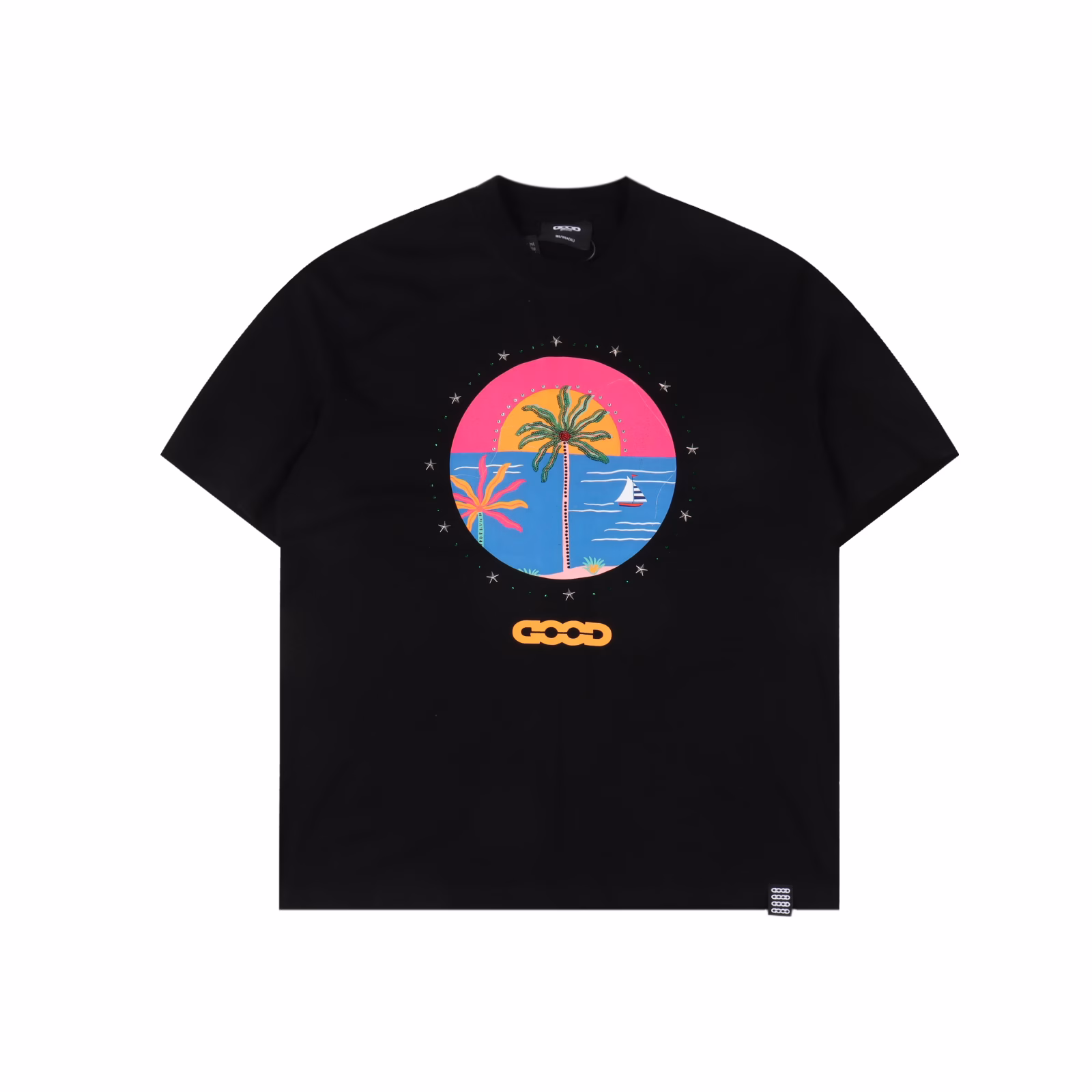 GOODBRAND SS25 short-sleeved T-shirt with coconut tree hot diamond print LOGO350-gram fabric for both men and women