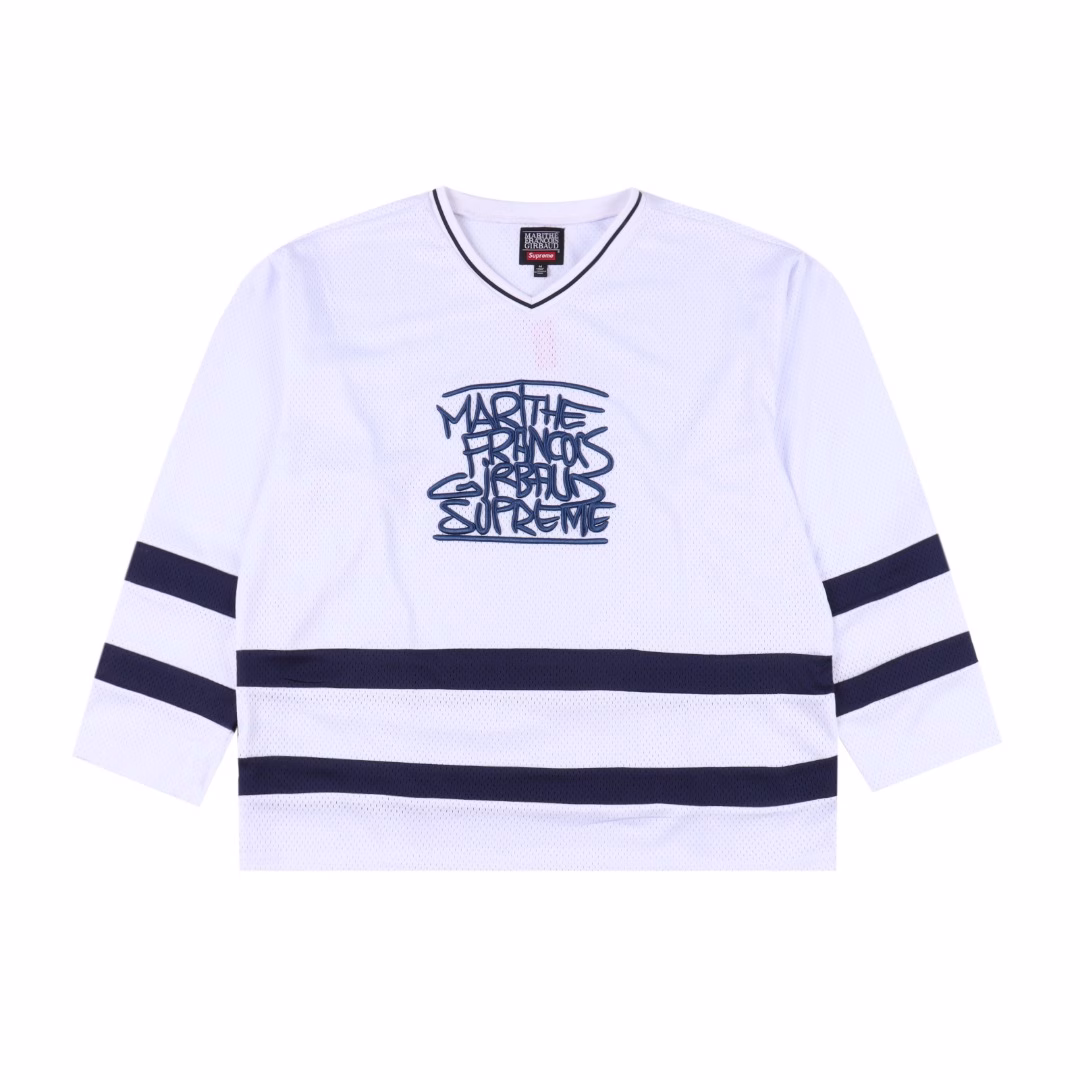 Supreme Marithe Francois Girbaud collaboration style with embroidered logo on the chest loose mesh American ice hockey jersey250g mesh fabric custom accessories are completeColor: Black, white, loose fit