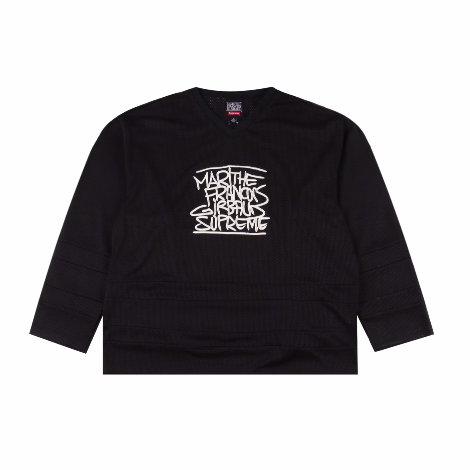 Supreme Marithe Francois Girbaud collaboration style with embroidered logo on the chest loose mesh American ice hockey jersey250g mesh fabric custom accessories are completeColor: Black, white, loose fit
