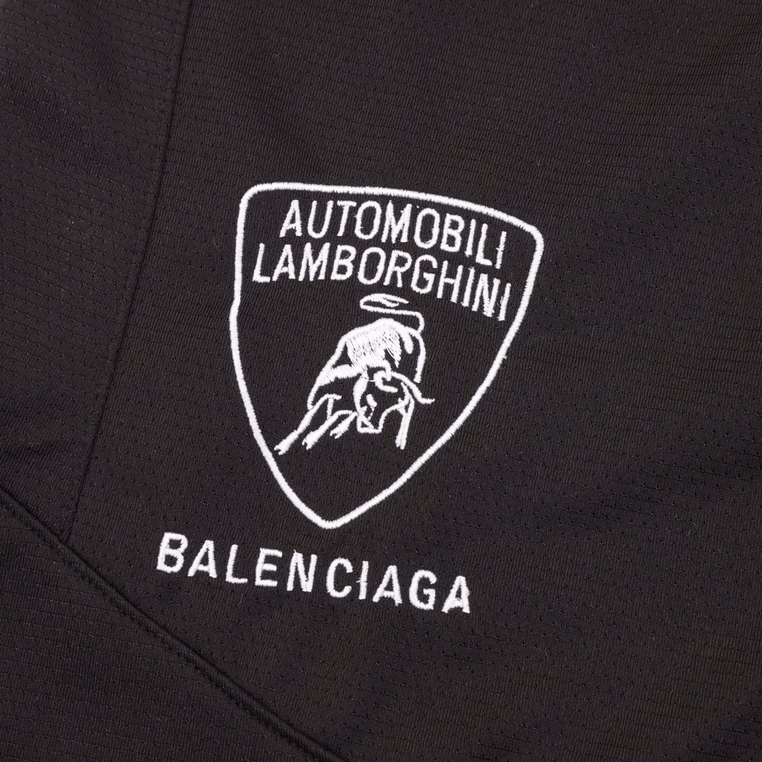 Balenciaga New Lamborghini 63 Embroidered Print Set ShortsTechnical mesh jersey fabric, with Lamborghini team artwork prints and embroidery on the front and back, designed by Balenciaga for Automobili Lamborghini