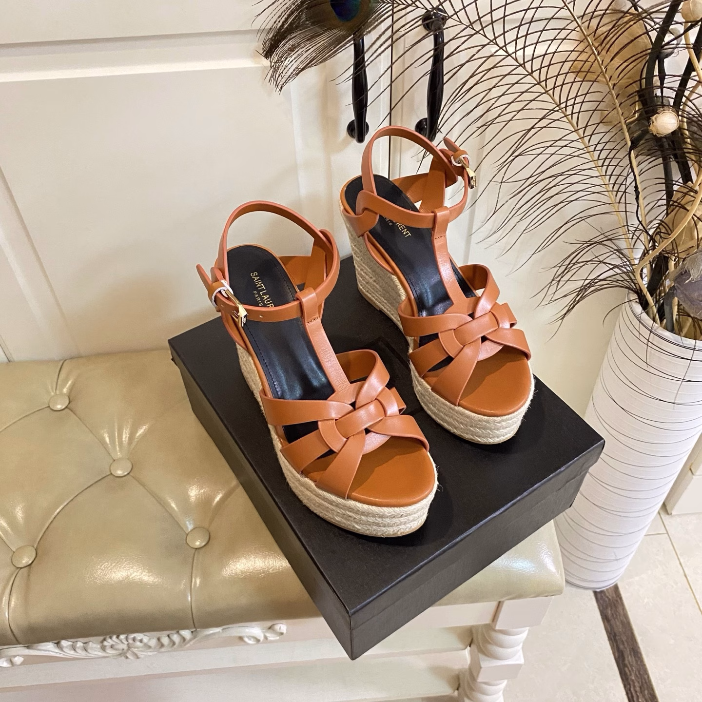 Yves Saint Laurent YSL hemp rope wedge sandals, cowhide/patent leather upper, sheepskin lining