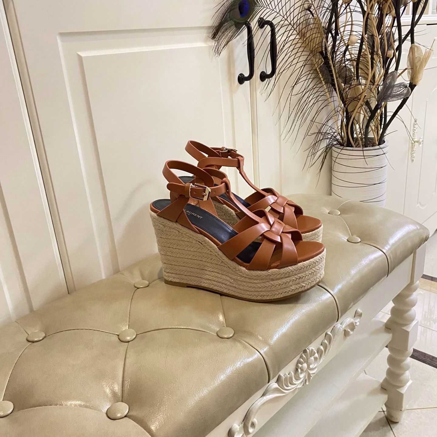 Yves Saint Laurent YSL hemp rope wedge sandals, cowhide/patent leather upper, sheepskin lining