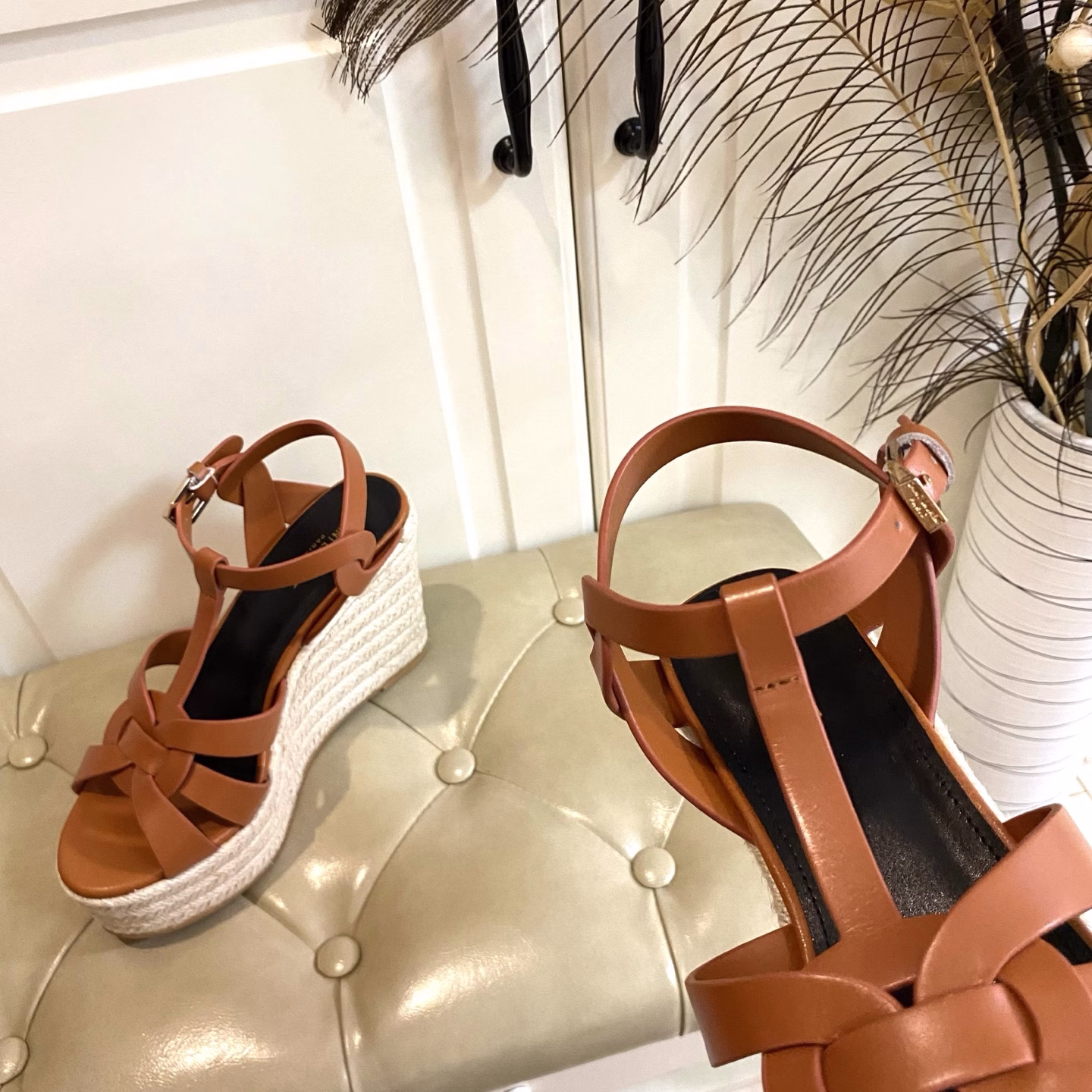 Yves Saint Laurent YSL hemp rope wedge sandals, cowhide/patent leather upper, sheepskin lining