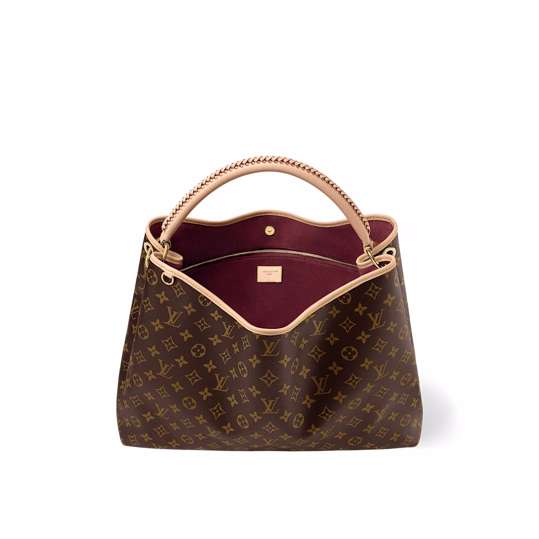 The Again bag is a current, more flexible and iconic reinterpretation of the Artsy model launched in 2010. This meticulously finished version is rooted in the house's heritage and pays homage to its expertise with Monogram canvas, hand-braided handles and a customizable address holder. The room is large enough to hold a laptop and has plenty of pockets. A gold carabiner allows you to attach a playful charm